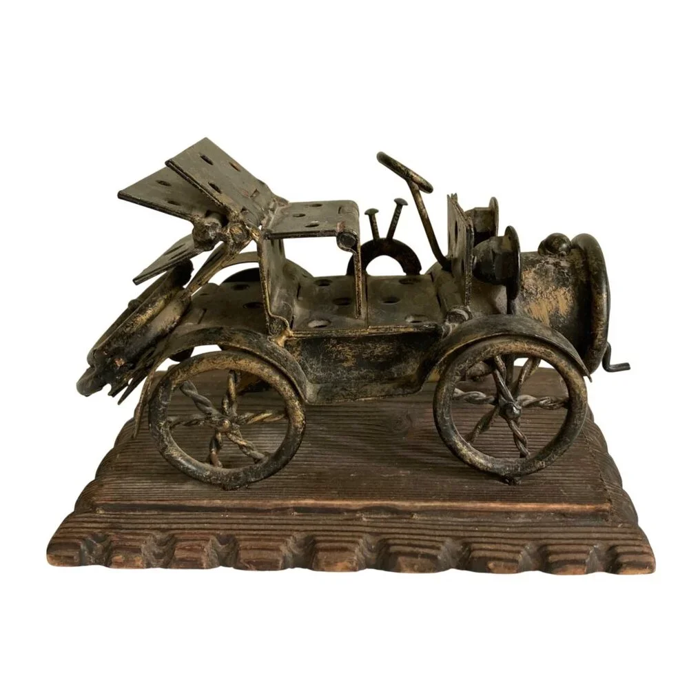 Vintage Chippy Rusty Metal Model Car Sculpture On Wooden Base Lobeco Spain